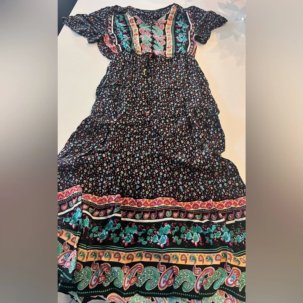 Zesica Maxi Boho Dress Black Floral Paisley Print Tied Waist Women's Medium - Picture 6 of 7
